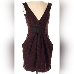 Nanette Lepore Burgundy and Black textured Wool V-Neck Dress Size 6